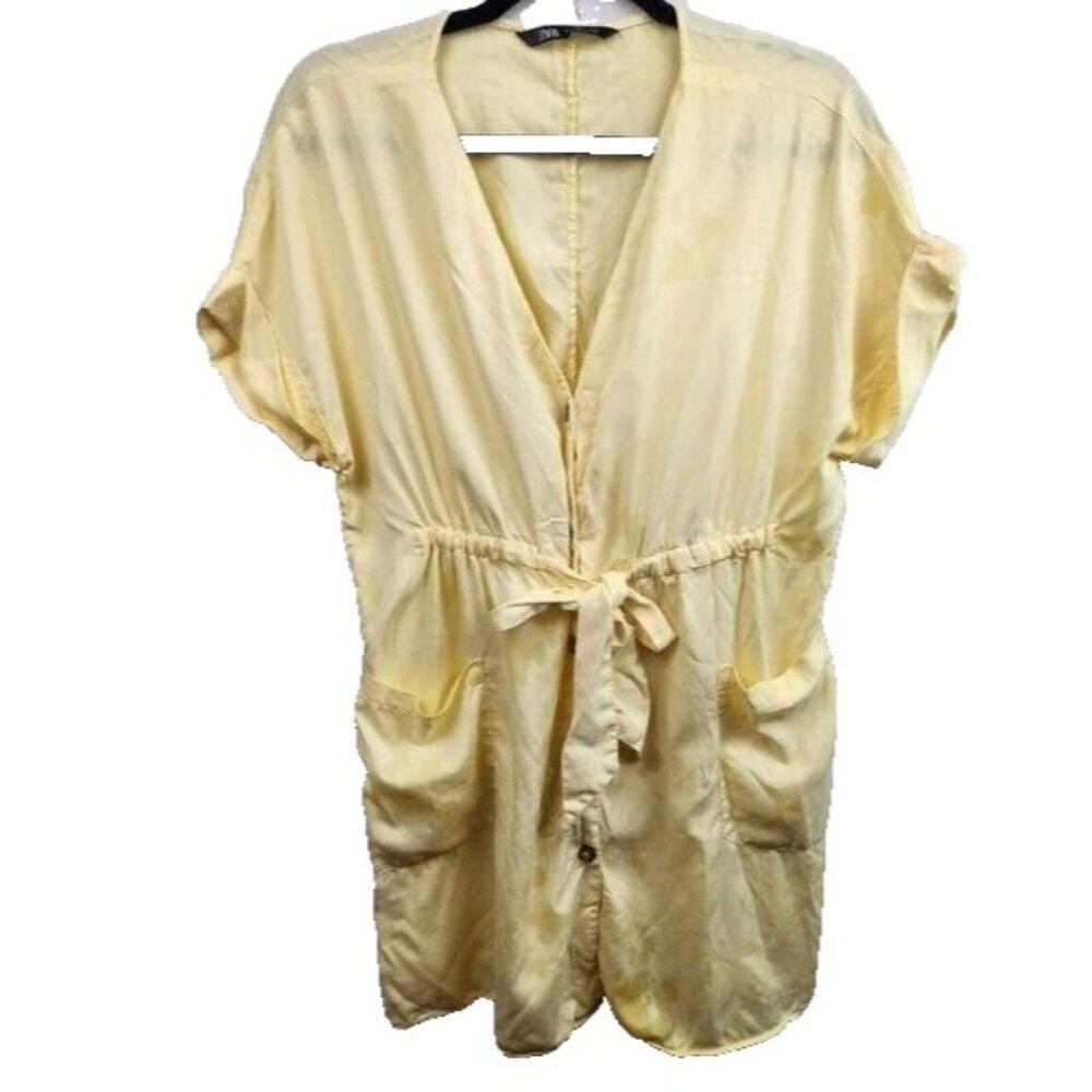 Zara Womens Shirt Dress Small Yellow Cinched Waist V-Neck Short Sleeve‎ Preppy